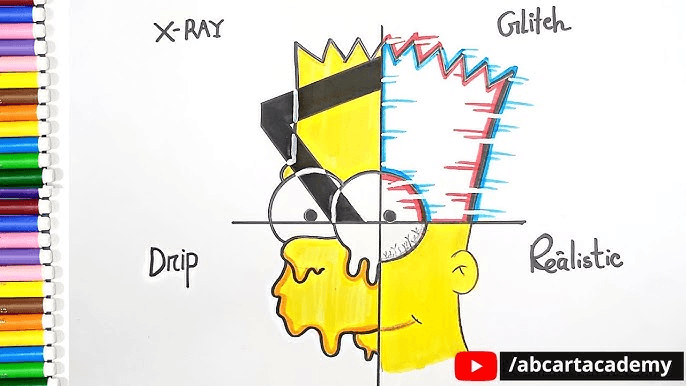 Dibujo dividido en cuatro cuadrantes, cada uno pintado con un estilo diferente
